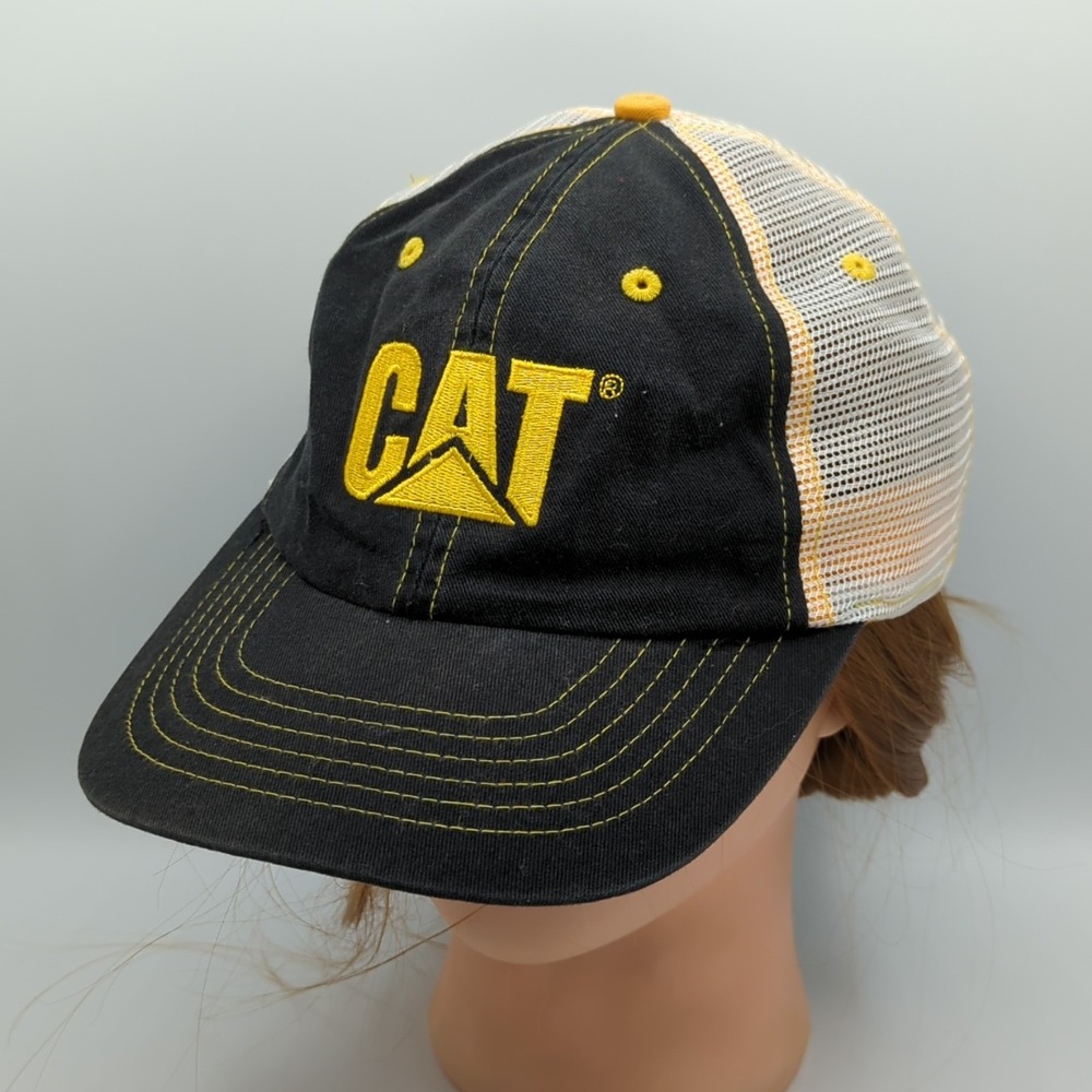 CAT Caterpillar Cap Mesh Black White Yellow Men's Hat Adjustable